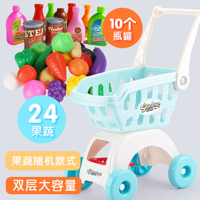 Small kid children passing home baby trolley toy boys girl supermarket shopping cart cut fruit