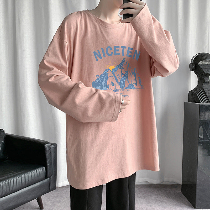 Round neck large size long-sleeved T-shirt male Hong Kong wind doodle cotton T-shirt teen loose INS style bottom shirt tide