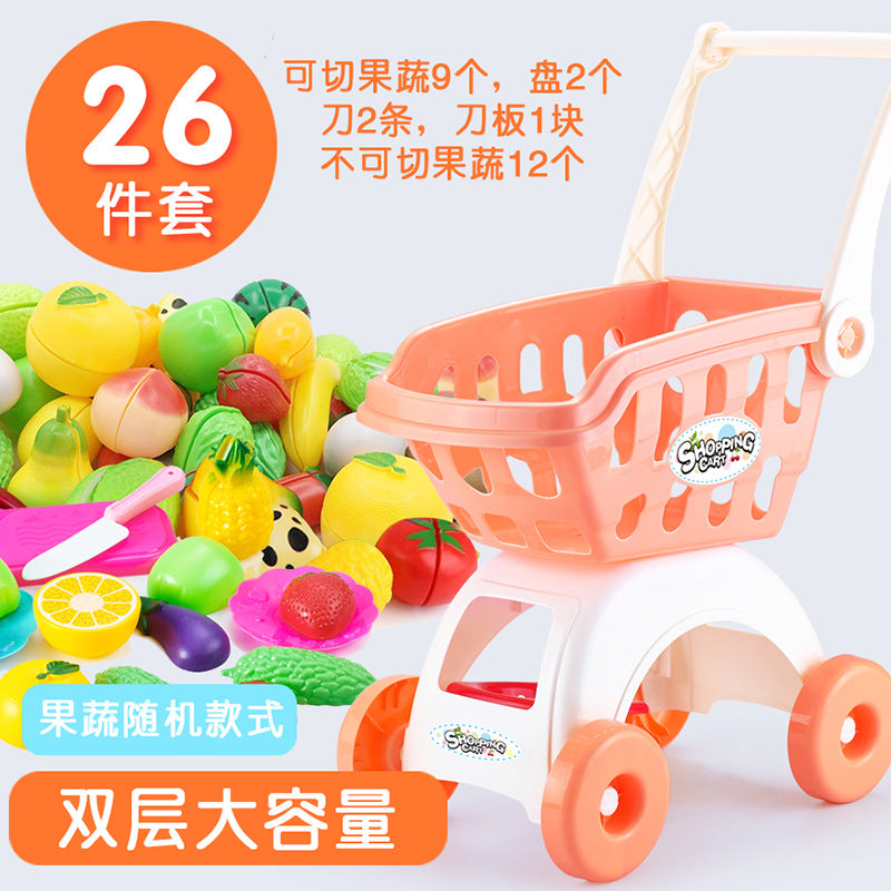 Small kid children passing home baby trolley toy boys girl supermarket shopping cart cut fruit