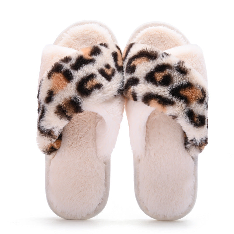 New cross-border home leopard cross gross slippers female European and American INS wind profile plush floor cotton slippers female