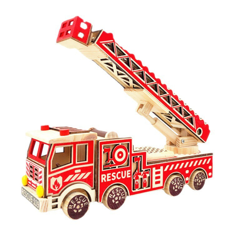 Wooden fire rescue vehicle model ornaments simulation large truck model colorful cloud ladder fire truck children's gift