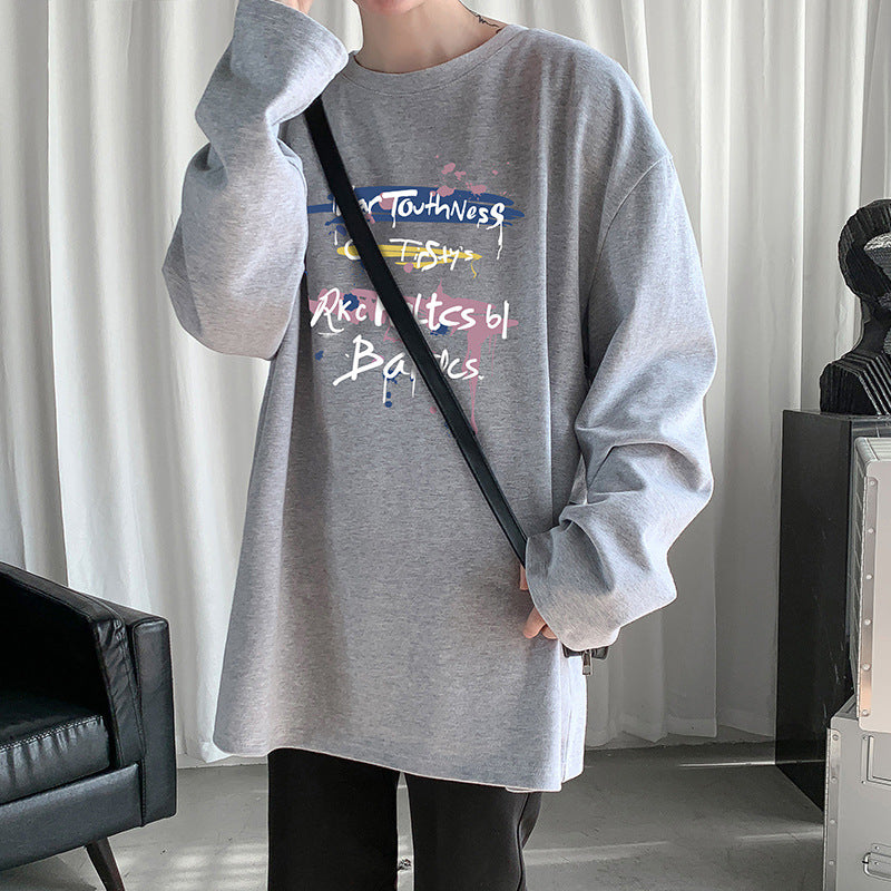 Round neck big size long-sleeved T-shirt male Hong Kong wind doodle cotton T-shirt teen spring and autumn new loose INS wind shirt