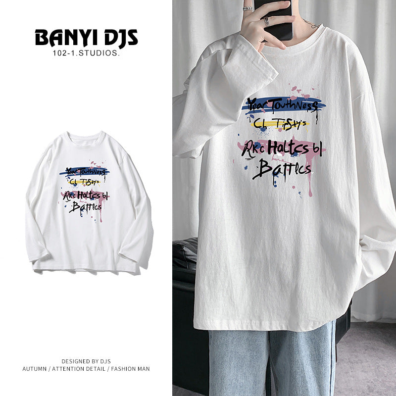 Round neck big size long-sleeved T-shirt male Hong Kong wind doodle cotton T-shirt teen spring and autumn new loose INS wind shirt