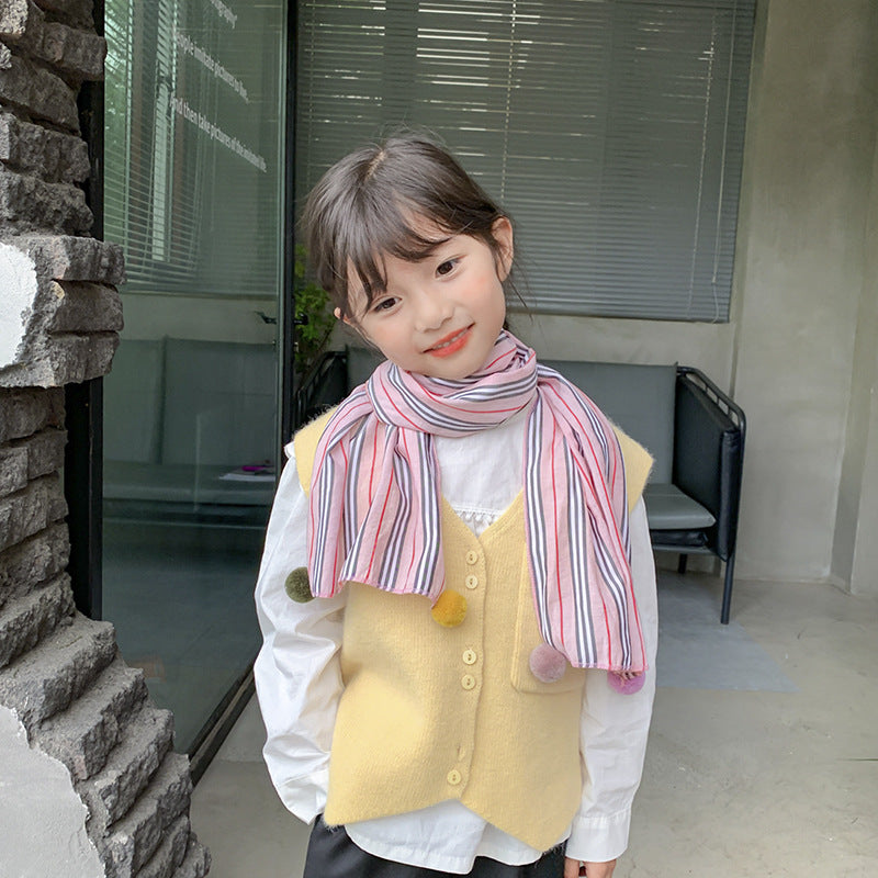Children's scarf autumn 2021 vertical striped color ball collar cotton rival anti-wind row spring and autumn thin section baby towel