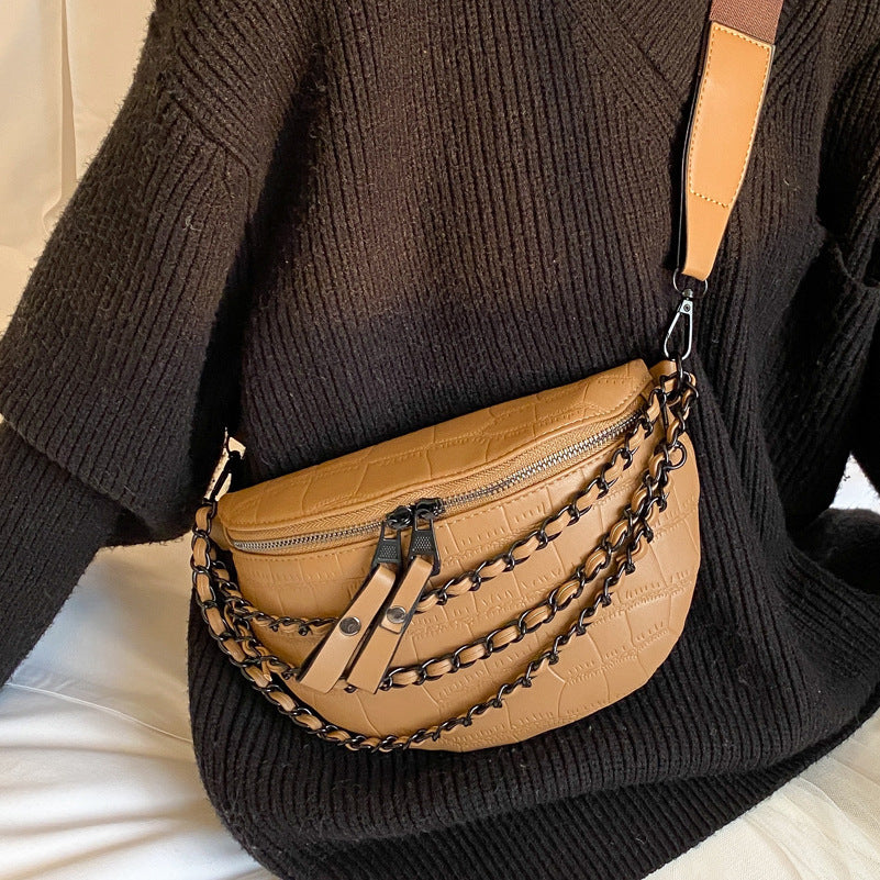 Retro bag new autumn and winter women's bag wide shoulder strap chain chest bag stone pattern waist bag casual small shoulder bag