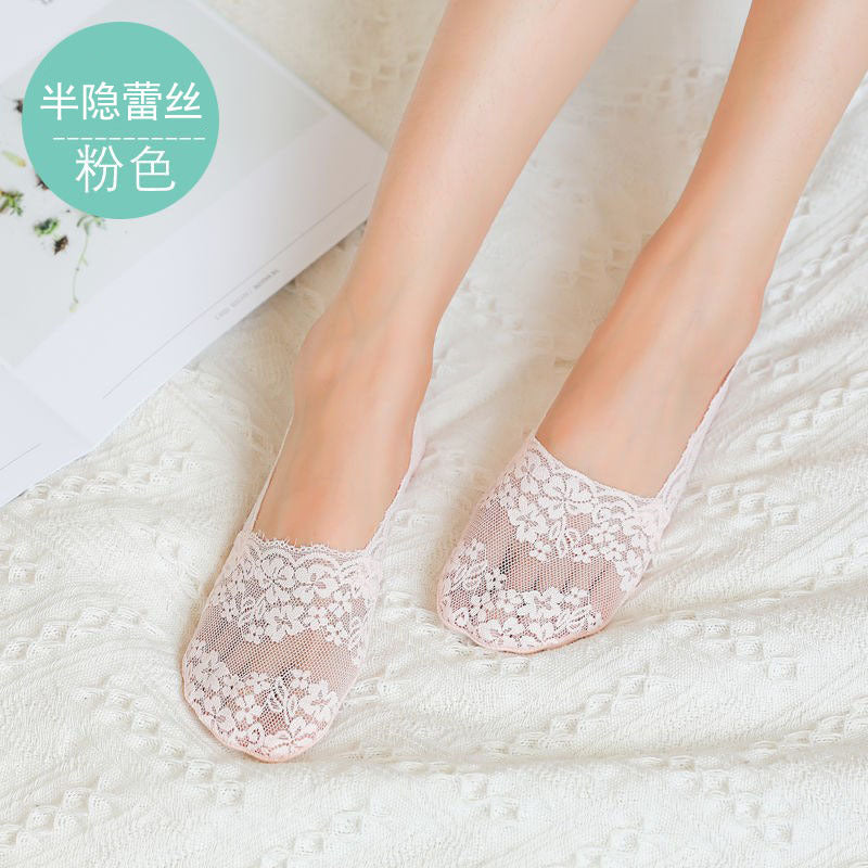 Socks Socks Summer ice silk ladies invisible socks lace new silicone non-slip shallow mouth sock set day solid color