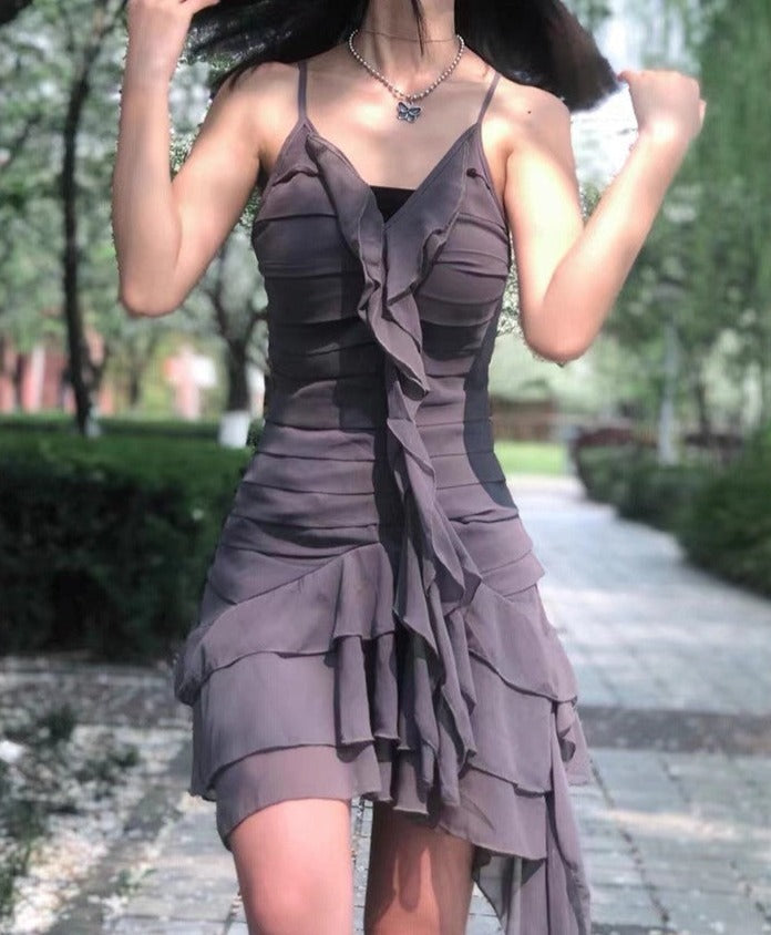 Goth Gray Bandage Ruffles Midi Dress