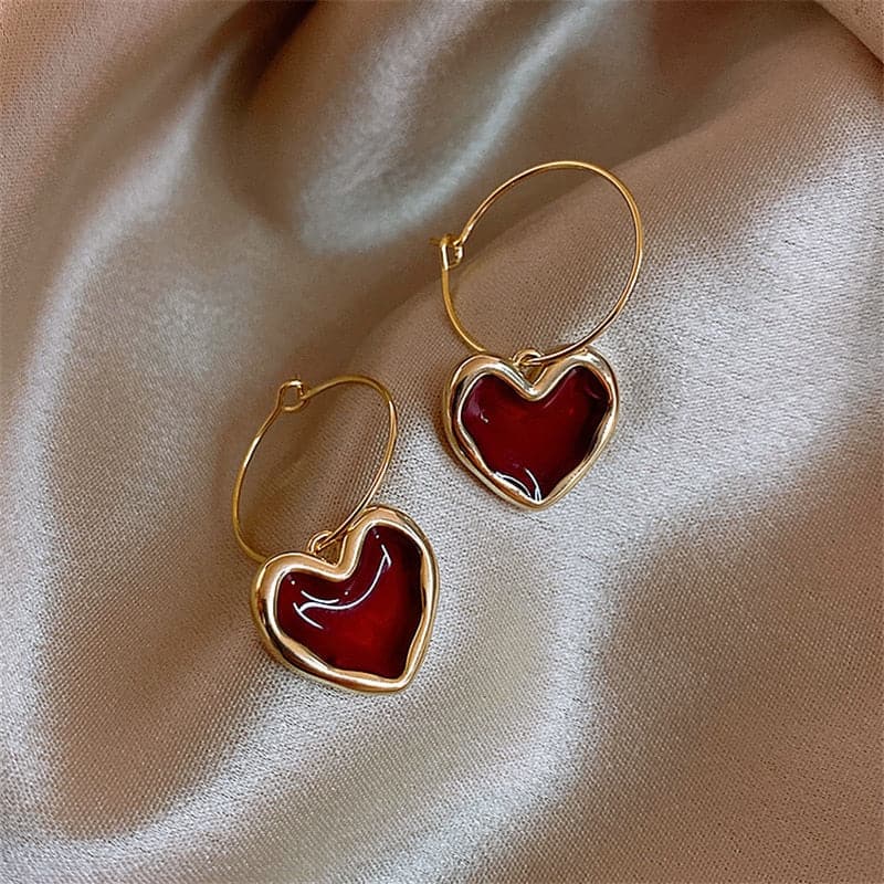 Burgundy Sweet Dangle Heart Earrings