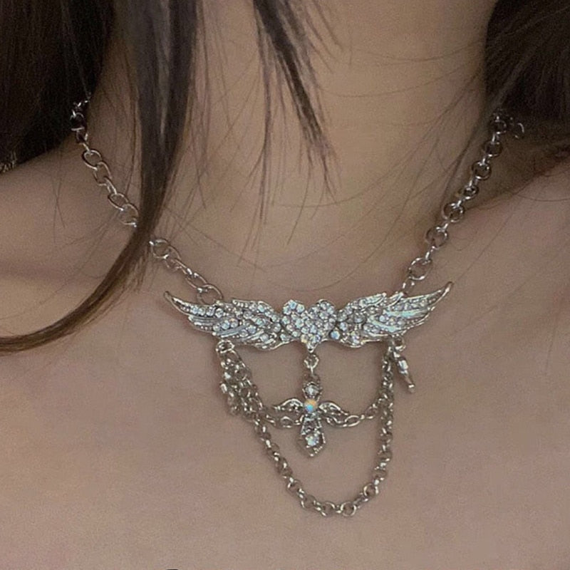 Y2K Heart Wings Rhinestone Necklace