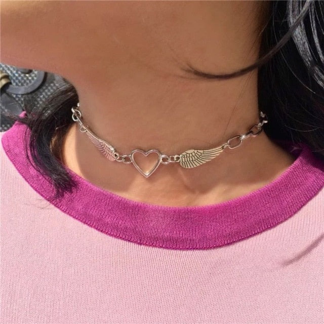 Y2K Heart Wings Rhinestone Necklace